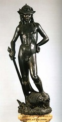 10. Donatello, David, 1432, CE, Museo Nazionale del Bargello, Florence, bronze. This statue by Donatello was the first bronze nude freestanding statue since antiquity. David was made using lost-wax casting. Cosimo de' Medici patronized this statue for private viewing. David stands over Goliath's as if he's contemplating his victory, rather than celebrating. The religious and nude David would have caused uproar in public audiences. Donatello uses exaggerated contrapposto and S-curve to emphasize the Classical Greek influences. David epitomizes Greek male beauty (arête) by displaying his athletic body. The figure is even slightly androgynous. The laurel wreath alludes to Athens and symbolizes David's role as a poet rather than a murderer.