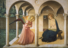 11. Fra Angelico, Annunciation, 1445, CE, San Marco, Florence, Italy, fresco. Part of an alterpiece, the Annunciation was created for the monastery of Santo Domenico (Domenican Order/ Order of Preachers) of which he was a part of, in Fiesole. Fra Angelico created many different versions of the Annunciation. These paintings were commissioned by the monastery to be put in each monk's cells for contemplative purposes. It would be the first thing they see in the morning and the last thing they see before sleep. The main panel depicts the archangel Gabriel's Annunciation beneath the portico. Adam and Eve are seen exiting the Garden of Eden, having been expelled by God.