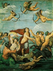 34. Raphael Sanzio, Galatea, 1513, CE, Sala di Galatea, Villa Farnesina Rome, Italy, fresco. This painting depicts Galatea, a sea nymph, in apotheosis-the realization that her suffering in life will allow her to be divine. The main focal point of the painting is Galatea's face, which Raphael frames in an 