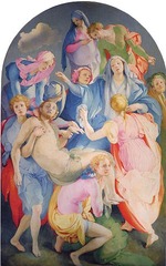 40. Jacopo da Pontormo, Descent from the Cross, 1528, CE, Capponi Chapel, Santa Felicita, Florence, Italy, oil on wood. This typical Mannerist work has twisted and elongated figures and uses of expressive hand gestures. It is part of Deposition altarpiece created for the small chapel of the Capponi family. Unlike works from earlier Renaissance, it has unbalanced composition and lacks a clear focal point. The hole in the center symbolizes loss and grief, correlating with that of Catholics during the Reformation. Differing from Raphael and van der Weyden's work, action is portrayed along a vertical axis, not horizontal. Contrasting colors of light blues and pinks create dynamics. Figures are close together and uniformly have small, oval heads.