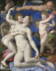 45. Bronzino, Venus, Cupid, Folly and Time (The Exposure of Luxury), 1546, CE, National Gallery, London, oil on wood. This erotic painting depicts Venus and Cupid, emphasized for their light skin tone. Overall, the scene is unbalanced to the left. The figures are elongated and twisted (figura serpentinata), typical of the Mannerist works with highly emotional focus on the subjects rather than correct body proportions. Also, there is no real light source. Symbolically, Folly is throwing flowers and Time is the old man with an hourglass. Other figures in the background are more ambiguous. This work was commissioned by Cosimo de' Medici as a gift for King Francis I, so jewels and masks are incorporated.