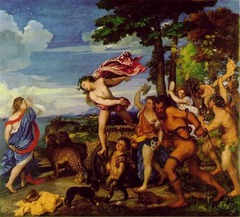 56. Titian, Meeting of Bacchus and Ariadne, 1523, CE, National Gallery, London, oil on canvas. This painting was commissioned by Alfonso d'Este, the Duke of Ferrara. It was meant to be placed in the Camerino d'Alabastro, a room in his palazzo dedicated to paintings based on Classical texts. The original commission was given to Raphael, who died before completing the painting. The job was then given to Titian. The subject matter of this painting was based on the works of Roman painters Catullus and Ovid. The composition is divided diagonally into two triangles-the blue sky and the brownish earth. Most of the figures are on the brown side. The blue was painting using lapis lazuli. The painting depicts the story of Bacchus, the god of wine, and Ariadne. Ariadne was abandoned by Theseus, and is discovered by Bacchus, riding on his cheetah-drawn chariot. He instantly falls in love with her and saves her.