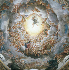 58. Antonio Allegri da Correggio, Assumption of the Virgin, 1530, CE, Dome fresco of Parma Cathedral Parma, Italy, fresco. Four protector saints of Parma, John the Baptist with the lamb, Saint Hilary with a yellow mantle, Saint Thomas with angel carrying martyrdom palm leaf, Saint Bernard looking upwards. Mary, wearing red and blue robes being lifted up. Apostles stand between windows looking down at tomb, Jesus waiting for Mary. Jesus is beardless and foreshortened. Illusion of the view of the sky with figures flying over in a concentric ring. Bodies look weightless. The clouds appear soft and are bundled together into big clouds. Contains hierarchical scaling, Saints lower level, then Mary, top is Christ waiting for his mother.