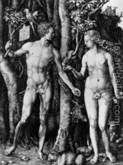 Adam and Eve Albrecht Dürer. 1504 C.E. Engraving Dürer became increasingly drawn to the idea that the perfect human form corresponded to a system of proportion and measurements. Dürer's placid animals signify that in this moment of perfection in the garden, the human figures are still in a state of equilibrium.