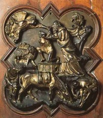 Brunelleschi and Ghiberti's competition panels for the Florence doors are sometimes seen as the beginning of the Renaissance. 
Brunelleschi's panel shows a violent and dramatic moment where Abraham is in the process of killing Isaac before he is stopped by the angel.
Problem
Compared with Brunelleschi's panel, Ghiberti's panel is more emotionally complex as Abraham hesitates as looks directly into Isaac's face.