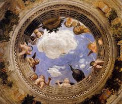 Ceiling of Camera Degli Sposi by Mantegna, 15th Cen. Italian Ren 
- looking up 
- optical illusion - di sotto in su
- trompe l'oil - decieving the eye 
- made to look like oopen oculus, all way around, small cupidss/figures looking down : painted over bed - ... hah?
- peacock = Juno/Hera - goddess of women/marriage
- foreshortening tech
- research more