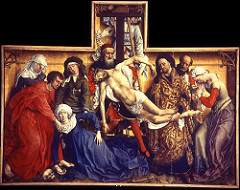 Deposition by Van Der Weyden, 15th Cen. N Ren
- fluid/dynamic composition, human action and drama to relate people to suffering of christ, center panel of triptych commissioned by archer's guild, patrons recognized w/little accents actually crossed bow spandrels
- mimicking of body posture w/christ and mary, s-shaped cross shared, grief 
- closure to composition w/ mary magdalene and st john. 
- color ties composition together, brings view together, reds tie together
- relief carving w/ crisply modeled human forms, individualized, emotional impact, realism