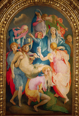 Entombment of Christ Jacopo da Pontormo. 1525-1528 C.E. Oil on wood They inhabit a flattened space, comprising a sculptural congregation of brightly demarcated colors. The vortex of the composition droops down towards the limp body of Jesus off center in the left. Those lowering Christ appear to demand our help in sustaining both the weight of his body (and the burden of sin Christ took on) and their grief.