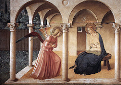 Fra Angelico, Annunciation, 1438, fresco, florence
The setting for this scene of the Annunciation is spare, with few additional details or objects, which is appropriate to this space. 
In this scene, the Angel Gabriel appears to Mary to tell her that she will bear a child that is God.
This painting is missing some of the iconographic and narrative details that normally accompany the scene, allowing the monks to fill in the details for themselves. 
Fra Angelico shows an awareness of the latest stylistic trends in , but also shows an unwillingness to employ them fully.
Both Mary and the angel are idealized, but lack the facial details to make them look like real individuals.