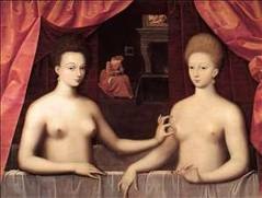 Gabrielle D'Estrees & Her Sister, Duchess of Villars. School of Fontainebleu

This picture, painted around 1594, belongs to the second Fontainebleau school. It shows Gabrielle d'Estrées, who was Henri IV's mistress, together with her sister, the Duchess of Villars, in the bath. But is it really her sister? Probably, since the two women look alike. But what about that gesture? The pinching of the nipple could signify that Gabrielle is pregnant, a supposition corroborated by the maidservant in the background sewing a layette—but is it really a layette? And what of the ring...? Gabrielle, who was waiting for the King to repudiate his official wife, Marguerite de Valois, had three children by him and died before the age of thirty, while pregnant with her fourth child, in 1599. So? Never mind: apart from its mysterious subject, this work displays a somewhat mediocre technique.