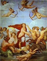 Galatea by Raphael, High Ren
- wealthy banker's palace, secular pagan subject matter 
- Based on poem, Metamorpheses
- Daughter of poseidon, Polyphemus's lover (cyclops), riding on shell trying to escape, surrounded w/sea creatures/cupids
- human beauty, zestful love
- joy and exuberance
- circling around galatea, sweeping circular shape
- foreshortened cupids, all described as sculptural
- similar to botticelli, refers back to hellenistic sculpture, vibrant