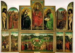 Ghent Alterpiece, Van Eyck, 1432 
-polyptych 
can be viewed open or closed 
-top is the prophets and sybils who predicted the coming of christ 
middle--the coming of Christ (THE ENUNCIATION) Gabriel announcing to Mary he is going to announce christ 
Gabriel holds lilies (symbol of purity) mary with dove above her head, speaking to Gabriel 
(words upside down) 
very concrete and physical, but the words are more imaginative and speak to god 
linear perspective 
unrealistic human body (the drapery hides the body) 
enormous alterpiece 
2 figures and 2 sculptures 
sculptures=saints figures=normal people 

The artists are not using linear perspective or representing the human body naturalistically..
There is tension between the writing, which is a medieval convention, and the Renaissance realism of the scene.
The Annunciation, foretold by the prophets and sibyls, takes place in the central panels. The Angel Gabriel visits Mary to tell her she will have a baby. 
In the center of the center panel, GOD is dressed like a king with the papal crown on his head and another crown at his feet.
The fabric of God's throne shows the image of the pelican, who is feeding its children on its own flesh and blood. This is an image of God's love and forgiveness.
The angels playing instruments and others who are singing recall the sounds of heaven.
In representing a forgiving God, the van Eyck brothers are showing the influence of Humanism.