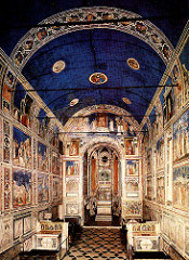 GIOTTO, ARENA CHAPEL, PUDUA, FRESCO, 1305 
- A SMALL CHAPEL CONNECTED TO A PALACE (FAMILY OF BANKERS) 
-NEXT TO A HOLY ROMAN ARENA 
GIOTTO'S USE OF LIGHT AND SHADOW 
-MARY'S GRIEF SHOWS HER HUMANITY (HUMANISM) 
-ORGANIZED IN 3 DIFFERENT ROWS 
1. TELLS THE STORY OF MARY 
2. SHOWS CHRIST'S LIFE 
3. PASSION (CHRIST'S DEATH AND IMMEDIATELY AFTER) 
SCENE OF LAST JUDGEMENT AND THE ARREST OF CHRIST/KISS OF JUDAS SHOWS GIOTTO'S FOCUS ON DRAMA IN ART---- THE INTENSITY OF THE COLORS (HIGHLY SATURATED) AND THE FACIAL EXPRESSIONS