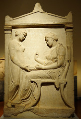 Grave stele of Hegeso Attributed to Kallimachos. c. 410 B.C.E. Marble and paint In the relief sculpture, the theme is the treatment and portrayal of women in ancient Greek society, which did not allow women an independent life.