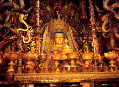 Jowo Rinpoche, enshrined in the Jokhang Temple Lhasa, Tibet. Yarlung Dynasty. Believed to have been brought to Tibet in 641 C.E. Gilt metals with sempirecious stones, pearls, and paint; various offerings The Jowo Rinpoche statue, Tibet's most revered religious icon, was made in India by Vishakarma during Buddha Shakyamuni's lifetime. At the time of the Buddha, there were only two statues of this type. The other one is still at Bodhgaya.