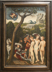 Judgement of Paris by Cranach, 16th cen N Ren
- N European armor (Paris), Mercury as much older
- Naive nude figures, subtly flirtatious, but more of an unawareness - sheer garments, barely anything, pear-shaped physique
- Mountains - very northern
- Cupid shooting down - who will be chosen? one woman pointing
- Paris holding apple to give to most beautiful