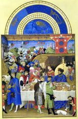 Limbourg Brothers Jan, Herman, & Pol, Netherlandish (lived in France) January . Les Tres Riches du duc de Berry, 1413-1416, Northern Renaissance, Netherlandish -This was commissioned by le due de Berry of France and was used as a book for reciting prayers. -They replaced traditional prayers -the center of it was an illustrated calendar listing local religious feasts and days preceding day of the blessed vrigin -Tehy represent the 12 months in terms of the associated seasonal tasks -Above each picture is a lunette (semicircular frame) in which they depicted the chariot of the sun as it makes its years cycle around the 12 zodiac signs -references to nature, secular life, as del as references to antiquity (typical of renaissance)