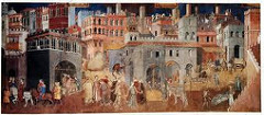 Lorenzetti, Good Government, 1337
Unlike many works of medieval art, the Allegory and Effects of Good and Bad Government is a and not work of art. 
The Allegory and Effects of Bad Government shows the figure of Tyranny surrounded by vices. Poor government leads to in the city and country.
Allegories in art are figures that stand in for ideas