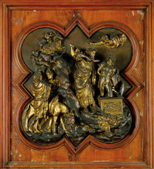 Lorenzo Ghiberti, Italian, The Sacrifice of Isaac, 1401-1402 Early Italian Renaissance -where as Brunelschi imbued the image with romantic emotion, Ghiberti emphasized grace and smoothness, Abrahamappears in a typically Gothic pose with outthrust hip and seems to contemplate the act he is about to perform, even as he draws the knife back. -The figure of Isaac, beautiful posed and rendered, recalls antiquity/Grec-Roman influence and could be regarded as the first classical nude since antiquity -Ghiberti shows interest in the human muscular and skeletal system, even the altar he sits on recalls antiquity -these classical references reflect the increasing influence of humanism in the 15th century. -also shows the artist's interest in spatial illusion. The rock landscape seems o emerge from the blank panel toward the viewer, as does the strongly foreshortened angel. -Ghiberti cast his panel in only two piece, less bronze needed, impressing the committee, thus his doors would be lighter and more impervious