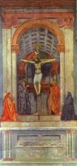 Masaccio, the Holy Trinity (broncocci chapel) , c. 1425-27 -family shape would be paid fully by the Broncocci family - done in fresco (looks differently from oil) paint applied to a wet plaster surface, paint is essentially a watercolor, pigments are brown but in water they are applied and as plaster dries it absorbs the pigment and image becomes part of the wall itself -frescos are very long lived in warm weather, the north is too damp -very brightly colored (frescos) a lot of pigment in the water/ in the liquid plaster thats in the water -the difference between oil (takes long time to dry) fresco dries really quick (so can't work over long period of time) -once fresco dries can no longer absorb the color, have to work in small area