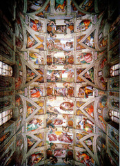 Michelangelo, Ceiling of the Sistine Chapel, 1508-12, fresco (Vatican, Rome)
The outer scenes show the prophets and sibyls that foretell the coming of Christ.
The scenes from the central panel show the Temptation of Adam and Eve and their Expulsion from Eden indicating the need for Christ's sacrifice in the New Testament.
The scenes along the central panel represent episodes from Genesis in the Old Testament. 
-brought a sculptural element to his paintings 
Michelangelo's figures recall the strength, beauty, and idealism of classical sculpture.
The sibyls were ancient pagan soothsayers who could foresee the future and in the Catholic tradition, they foretold the coming of Christ.
Michelangelo used a male model for the Libyan sybil, which may explain the great physical strength we see in her body.