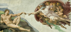 Michelangelo, Italian. Creation of Adam, Sistine Chapel Ceiling, 1512.. High Renaissance. -this is part of the ceilings central panels, Michelangel did not paint the traditional representation but instead produced a bold humanistic interpretation of the momentous event -God and Adam confront each other in a primordial uniformed landscape -life leaps to Adam from the spark of God's finger, might hand of God -the blunt depiction of the Lord as ruler of Heaven in the Olympian pagan sense indicates how daily High Renaissance thought Chritsianity joined Pagan tradition -Beneath the Lord's sheltering left arm is a female figure, apprehensively curious but as yet uncreated, scholars traditionally believed her to represent Eve, but many now think it is the Virgin: with Christ child at her knees: incorporated tenet of Christian ffaithL the belief that Adam's Original Sin eventual led to the sacrifice of Christ, which in turn made it possible for the redemption of all humankind Adam's hand as you follow leads your eye to the baby Christ Child's face, focal point of the right-to-left movement- The reclining position of the figures, heavy musculature, pent-up emotions (Hellensitic influence, twisting poses intricate parts: all typical of Michelangelo