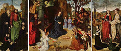Portinari Altarpiece (Triptych) by Hugo Van Der Goes, 15th Cen. Norther Ren
- discontent of religious apathy 
- oil on wood 
- italian ship owner, contractor for medici, different family members 
- realistic, detailed landscape - truth in landscape 
- symbolic architecture, northern landscape
- allusion to suffering over birth 
- mary kneeling on tilted ground, slight aerial view 
- flower/iris - leaves blades pointing up at mary, like she is being stabbed 
- columbine symbolic of sorrows of mary - sheath of wheat - bethlehelm and eucharist 
 - 15 total angels - 15 joys of mary, figures contrast = homely and divine, wonder piety, curiosity 
- hearth = king david christ jewish position, revived medieval pictoral devices - flight to egypt, annunciation, arrival of magi, all in background scene
- sizes relate to individual importances 
- common humanity - divine and holy images