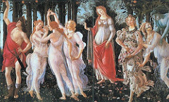 Primavera by Botticelli, 15th Cen. Italian Ren
- Neoplatonist and esoteric references to classicism
- Esoteric references - Classical allusions reference Christianity 
- two natures to venus - terrestrial human love side, one celestial love side (universal)
- Venus equated to virgin mary 
- Venus figure in arch of trees, 
- Medici apples on background trees, lush = fertility 
- flanked by Flora roman goddess flowers and fertility, three graces/musees
- above venus = cupid, aiming at graces
- zephyr = wind god
- chloris being blown on, flowers starting to grow from mouth
- left: messenger mercury, snake-wrapped wand, twisting to create clouds overhead, sign of May, looking to turn into summer 
- venus in contemporary clothing w/marriage wreath on head 
- terrestrial earthly nature, presiding over love 
- cupid = romantic desire, inspiration 
- rich quality of season, but also rich rebirth of classical era in humanist condition 
- flora : sexual overtones, sex and birth