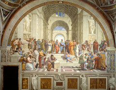 Raphael. Italian. School of Athens, 1512. High Renaissance. -Julius II gave Raphael his most important commission, the decoration of the Papal apartments in the Apostolic Palace of the Vatican -Raphael patines the Stanza della Segnatura (Papal library) on the four walls of the library, under th headings Theology, Law (Justice), Poetry, and Philosopju) -Raphael represented images that symbolized and summed up Western learning as Renaissance society understood it -the frescoes refer to the four branches of human knowledge -the four pictures put a balanced image of the pope -the setting is a congregation of the great philosophers and scientists of the ancient works -recalls ancient architecture, an approximate appearance of the new St. Peter's -Plato and Aristotle serve as the two central figures around whom Raphael careful arranged the others -ancient philosophers, men concerned with the mysteries of the world stand on Plato'sside -Aristotle's side are the philosophers and scientists interested in human affairs -Lower left, Pythagoras writes -Euclid may be a portrait of Bramante (commissioned for St Peter's) -the figures pose with self-assurance and natural dignity, balance and tranquility/confidence -Raphael's convincing depiction of vast perspectival space -the composition conveys the meaning: -he harmonized not only the Platonists and Aristotelians but also Paganism and Christianity -imaginary gathering of classical antiquity -in the center framed by an arch in background, two greatest Plato and Aristotle, surrounded by many other -Euclid to the bottom right, showing displaying some geometric theorum -linear perspective, orthogonals lead the eye towards the middle background, vanishing point in the middle of Aristotle and Plato -totality of composition is arranged on horizontal planes, carefully arranged in series of parallel planes (transversals) -two many philosophers show interest in ancient sculpture, have a sense of mass and weight (first Giotto, Massacio) brought to a perfection here, have a sense of gravity and three-dimensionality, occupy space and bear weight on their feet -each of four walls are painted with poetry, theology, law and philosophy (in the library)