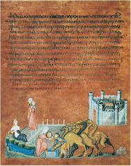 Rebecca and Eliezer at the Well and Jacob Wrestling the Angel, from the Vienna Genesis Early Byzantine Europe. Early sixth century C.E. Illuminated manuscript