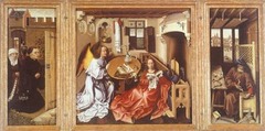 Robert Campin 
Merode Altarpiece 
ca. 1425-1428
Oil on wood
- Campin set the Annunciation in a Flemish merchant's home in which the everyday objects represented have symbolic significance. Oil paints permitted Campin to depict all the details with loving fidelity
- Private commission for a household 
- In the right panel, Joseph has made a mousetrap, symbolic of the theological tradition that Christ is bait set in the trap of the world - center panel, the book, extinguished candle, and lilies represent the Virgin's purity - in the left panel, the closed garden is symbolic of Mary's purity and her virtues