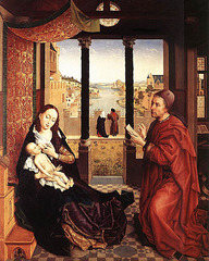 Rogier Wan de Weyden, Netherlandish, St. Luke Drawing the Virgin.. Early Netherlandish/Northern Renaissance. c. 1435-40 -commissioned for the painters guild in Brussels -The panel depicts the patron saint of paitners drawing the Virgin Mary using a silverpoint ( a sharp stylus that creates a fine line). THe theme paid tribute to the profession of painting in Flanders -Could be a self-portrait, identifying the Flemish painter with the first Christian artist and underscoring the holy nature of the painting. -Rogier shares with Jan Van Eyck the aim of recording every detail of the scene with fidelity to objective appearance. From he rich fabrics to the floor pattern to the landscape seen through the window. -Liek Campin and Van Eyck, ROgier imbued much of the representation with symbolic significance. -The carved armrest of the Virgin's bench depicts Adam, Eve and the serpent, reminding the viewer that Mary is the new Eve and Christ is the new Adam who will redeem humanity from the Original Sin.