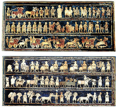 Standard of Ur from the royal tombs Summerian. c. 26000-24000 B.C.E. Wood inlaid with shell, lapis, lazuli, and red limestone. Found in one of the largest graves in the Royal Cemetery at Ur, lying in the corner of a chamber above a soldier who is believed to have carried it on a long pole as a standard, the royal emblem of a king.