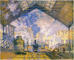 The Saint-Lazare Station Claude Monet. 1877 C.E. Oil on canvas The effects of color and light rather than a concern for describing machines in detail. Certain zones, true pieces of pure painting, achieve an almost abstract vision. An ideal setting for someone who sought the changing effects of light, movement, clouds of steam and a radically modern motif.