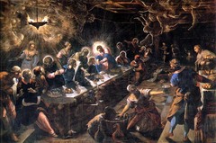 Tintoretto. Italian. Last Supper, 1594. Mannerist. -different than Leonardo dvinci's where disciples are arranged in one single row lined up, all parallel forms -table is slanted at 30 degree right trangle through the painting -Christ is not the most prominent figure, givign the Eucharis to one of his disciples, not about the betrayal (that is what Leonaro tells with sense of energy running through the disciples) -a lot of action in antipication of reciving th eucharis -beginning to get into different area, emphasis on the servants, food preparation, the witnesses to the last supper, all occuring at night -lit strangely and lanterns held up in the ceiling giving off a mystical light with angelic figures who have joined the celebration -Christ is still in the center although the table is at a thirty degree angle -good comparios with the DURK Boust, no single bursh stroke, more about the icon, square table, no energy, space is very different -Leonardo's parallel to the front picture plane, point out that it is a different incident in the story -Tinteret's is the institution of the eucharis, Leonardo's is about how one of you will betray (different story and consquencesin the way they are posed) -lots of energy, more painterly style, as Titian did later in his career -why this composition, why 30 degree angle -Tinteretto's painting is in St George church in Venice, deisgned by Pallatio, focul point of a monastary with all the associated buildings -façade o