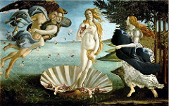 Title/Name: The Birth of Venus
Artist: Sandro Botticelli
Date: c. 1484 - 1486
Location: Florence, Italy
Significance: Although the nude figure was not acceptable at the time, the painting went uncriticized because it was backed by the Medici family.