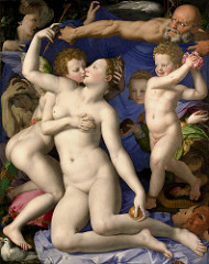 Venus, Cupid, Folly and Time (Exposure of Luxury) by Bronzino, Mannerism
- strong, sculptural figures
- heads, hands, feet graceful 
- surrealistic quality : freudian psychology, love
- incestuous relationship between Venus and son Cupid
- man w/ drapery : father time
- female figure left : 'Truth' 
- Putii = folly, throwing flowers
- woman tearing out hair = envy 
- monstrous figure w/honeycomb tail + masks = fraud, deception
- doves = peace
- apple in hand = knowledge and death 
All elements of love = Love is foolish w/hatred and inconstancy, its folly will be discovered in time
- it is foolish to believe in love