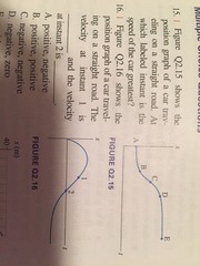 2.16 Figure 2.16 shows the position graph of a car traveling on a straight road. The velocity at instant 1 is ___ and the velocity at instant 2 is ____.