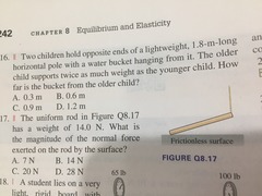 8.17 The uniform rod in figure 8.17 has a weight of 14 N What is the magnitude of the normal force exerted on the rod by the surface? A 7 N B 14 N C 20 N D 28 N