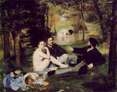 Dejeuner sur l'Herbe
Artist: Manet
Themes:
-change of nude
-changes our value system: what makes you question what you seem to take as accurate/correct
-throws away basic ideals
-domestication of outrageous and attempts to normalize outrageous
-no clothes on and engaging with viewer; suggestive painting
-white skin tone is unnatural
-viewer and object relationship changed up
-otium/arcadia
-contemporary dress and activities