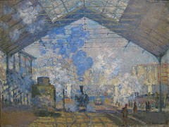 Gare St. Lazare
Artist: Monet
Themes:
-break to late monet
-modernity/industrialization: 2nd largest train station
-new way of seeing: fog obstructs view of building
-isolation in huge crowds
-no religion: pointed arch suggests church (new church); celebration of steel,
