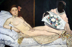 Olympia
Artist: Manet
Themes:
-nude
-modernized/ updated venus of Urbino: white flesh tones; dirty skin; pose suggests business transaction
-open position, recline, gaze
-no longer goddess
-break from mold of the nude: no longer idealized