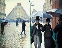 Paris Street; Rainy Day
Artist: Gustave Caillebotte
Themes:
-parisians become observer
-Flaneur: modern man who looked at crowds/takes on other personas; can gaze openly because no one knows who you are
-no formal center
-isolation w/ crowds